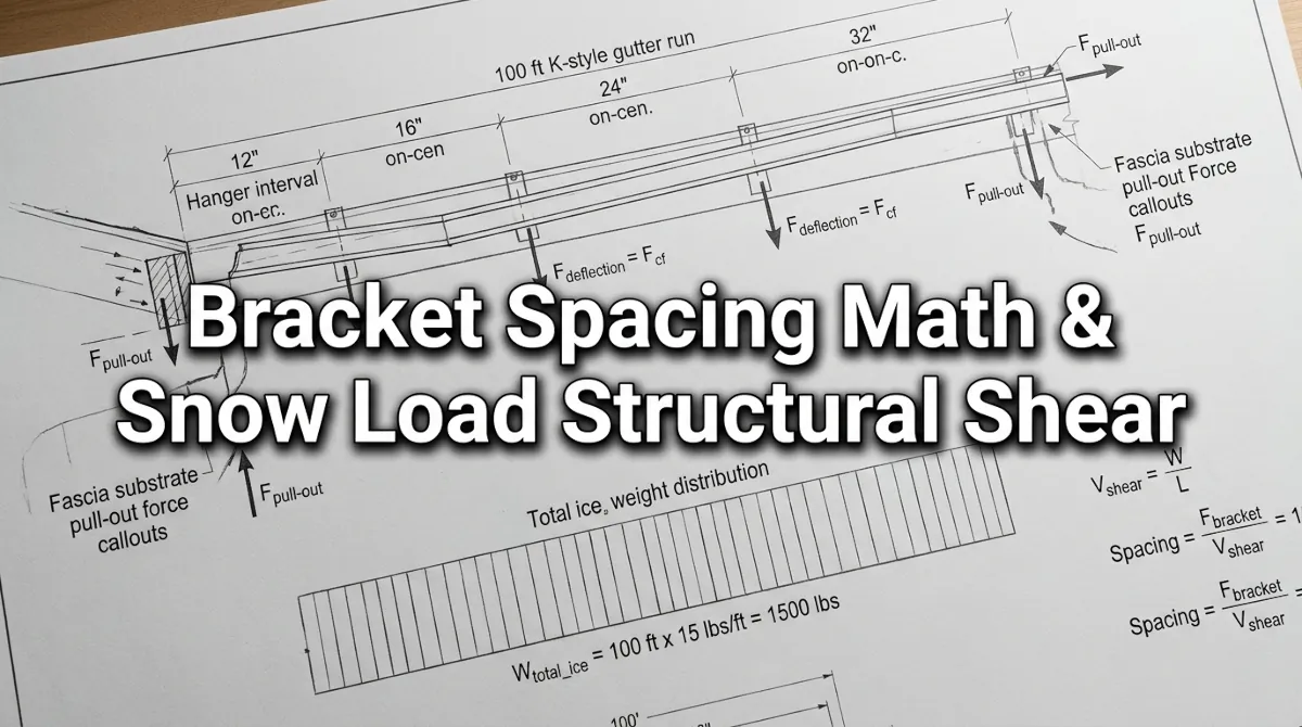 Structural engineering diagram showing bracket spacing math and snow load structural shear calculations for a 100-foot K-style gutter run with annotated ice weight distribution, hanger interval markers, fascia pull-out force vectors, and deflection limit indicators