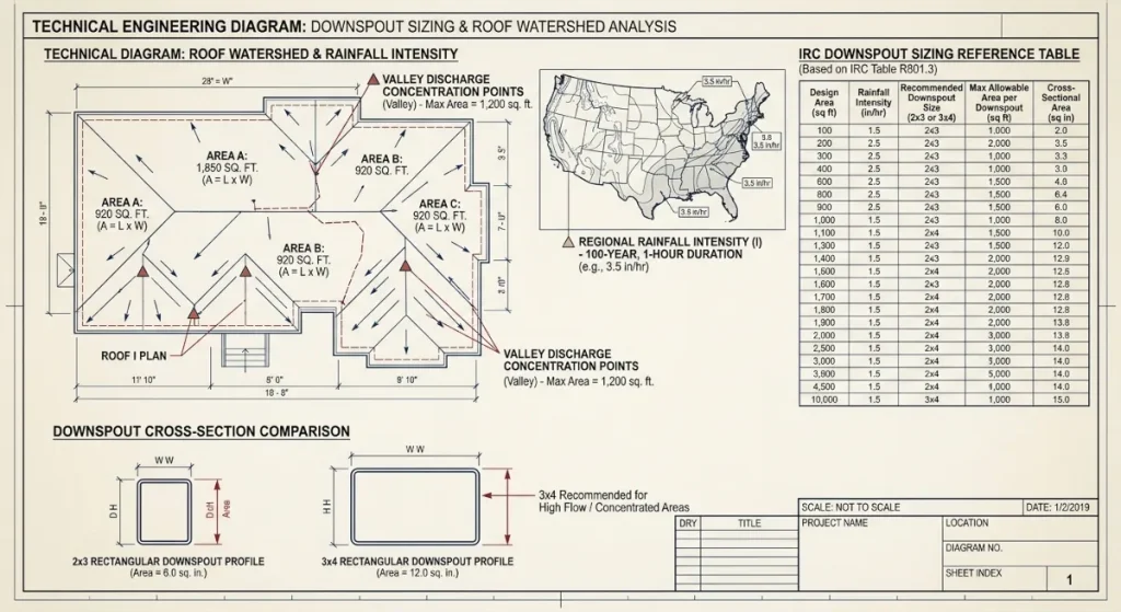 Technical engineering diagram showing downspout sizing & regional rainfall intensity calculations with roof watershed area annotations, valley discharge concentration points, IRC sizing table, and 2x3 versus 3x4 downspout cross-section comparison