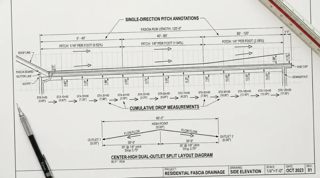 Technical side-elevation drawing of a long residential fascia run showing drainage and slope calculations with single-direction pitch annotations, cumulative drop measurements, and dual-outlet center-high layout diagram