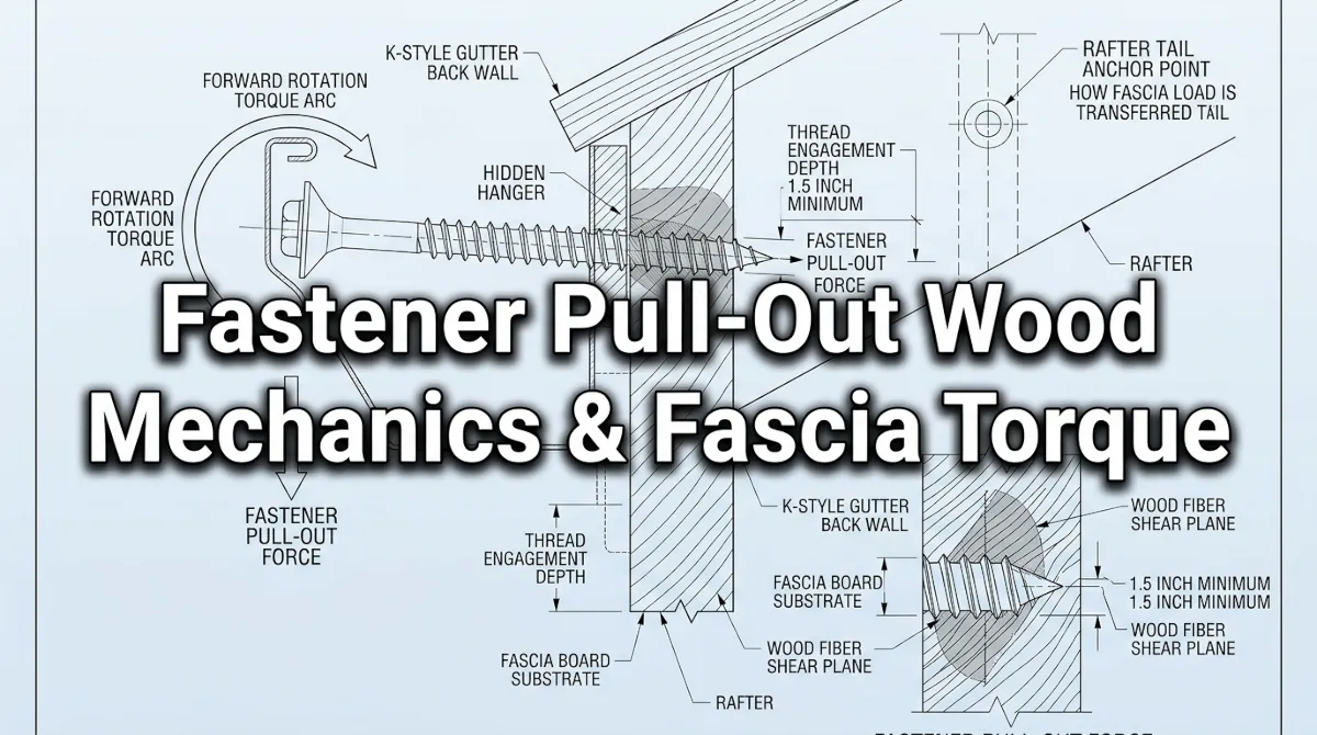 Technical cross-section engineering diagram showing fastener pull-out wood mechanics and fascia torque forces on a gutter hanger screw driven into SPF fascia board substrate with annotated thread engagement depth, wood grain fiber shear plane, and forward rotation torque vector