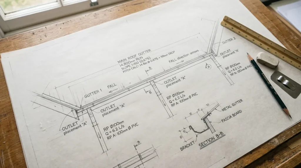Overhead architectural drainage layout drawing showing guttering run measurements, pitch calculations, outlet placements, and slope annotations