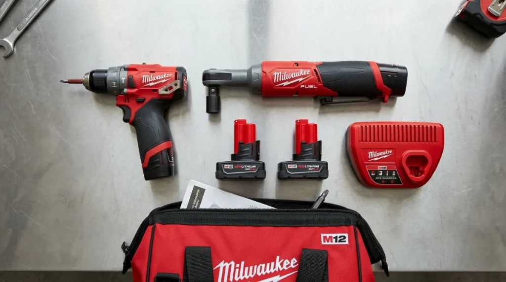 A top-down flat-lay of the Milwaukee M12 Fuel Driver combo kit components — 3/8 in. cordless ratchet, compact screwdriver, M12 lithium-ion battery, charger, and tool bag — arranged on a clean steel workbench surface.
