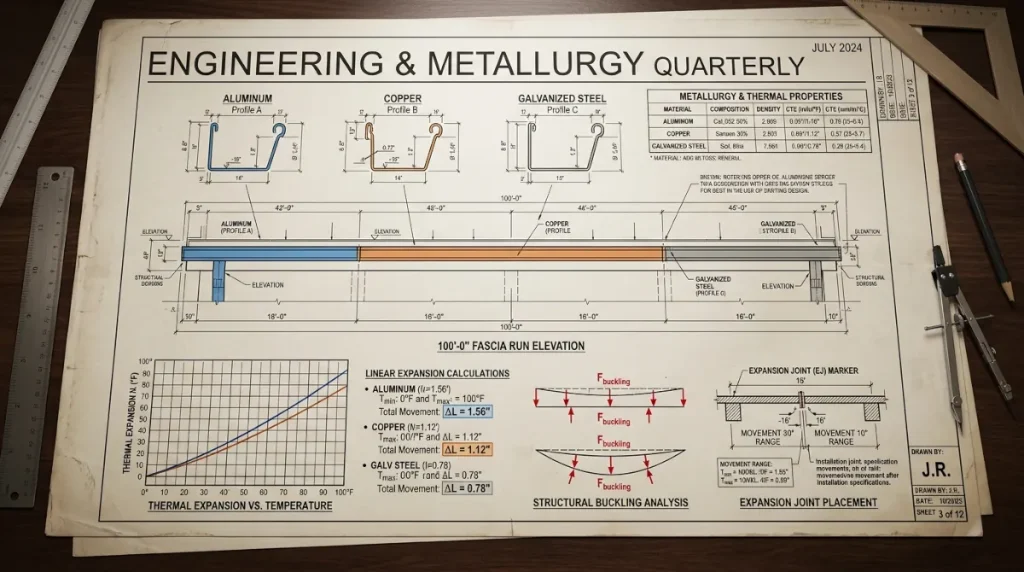Metallurgy & thermal expansion coefficients for aluminum, copper, and steel gutter runs — exact linear movement data, buckling mechanics, and expansion joint placement standards.