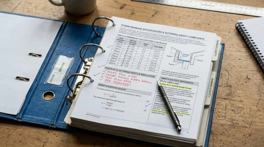 Open technical reference binder showing guttering drainage specification tables, safety compliance checklists, and annotated building code section references