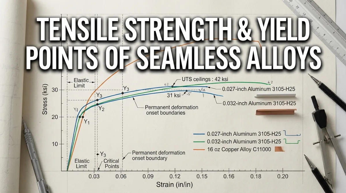Tensile strength & yield points of seamless alloys — stress-strain curve data for .027 vs .032 aluminum and 16 oz copper with bending resistance math and gauge comparison.