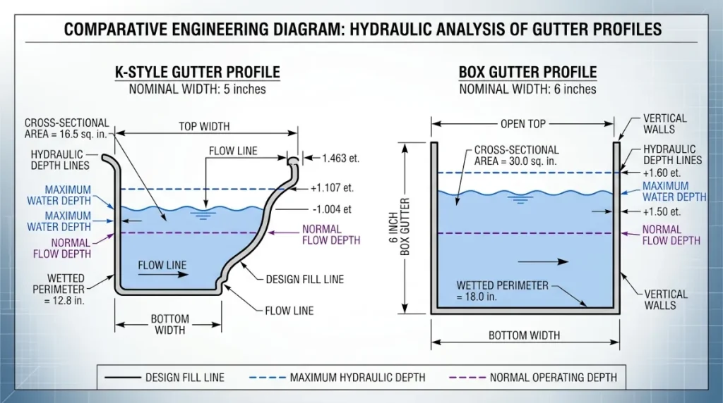 Technical cross-sectional engineering diagram of K-Style and Box gutter profiles showing hydraulic depth lines, cross-sectional area dimensions, and design fill line annotations