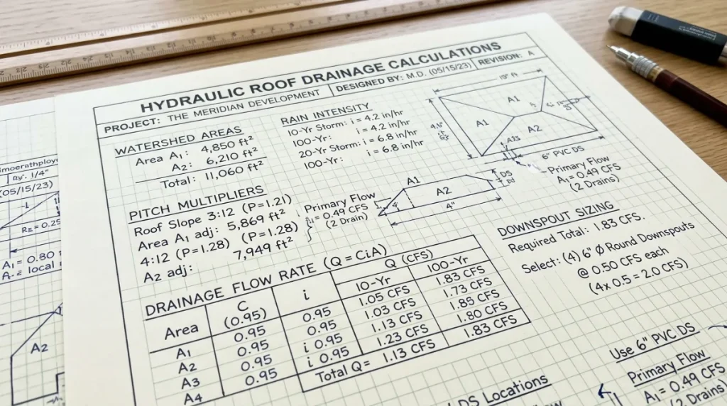 Hand-drafted hydraulic roof drainage calculation worksheet showing gutter sizing calculation standards, watershed area figures, rain intensity values, and downspout sizing notes