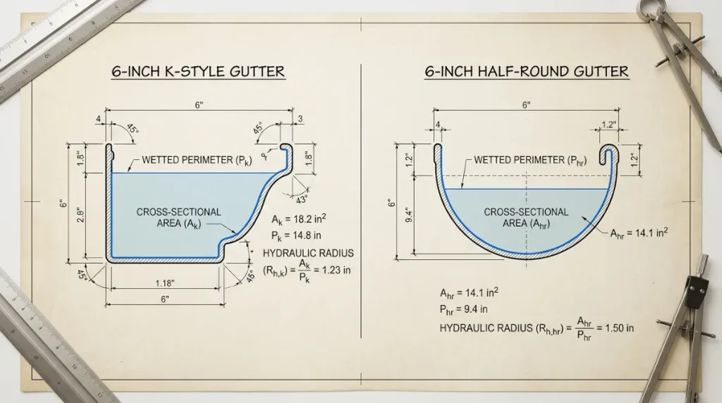 K-Style & Half-Round Hydraulic Flow, Side-by-side cross-section diagram of a 6-inch K-style and 6-inch half-round gutter profile showing hydraulic radius geometry, wetted perimeter, and cross-sectional area differences